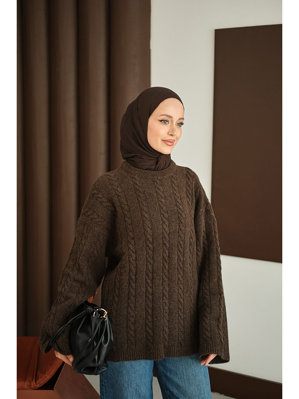 Kadın Örgü Desenli Triko Tunik Kahverengi-1