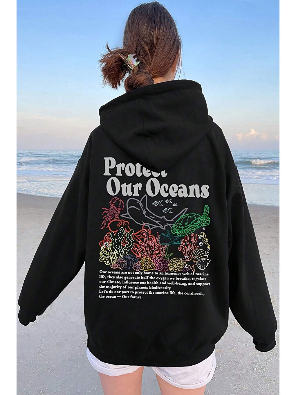 uyguntarz Siyah Oceans Baskılı Oversize Sweatshirt - 1