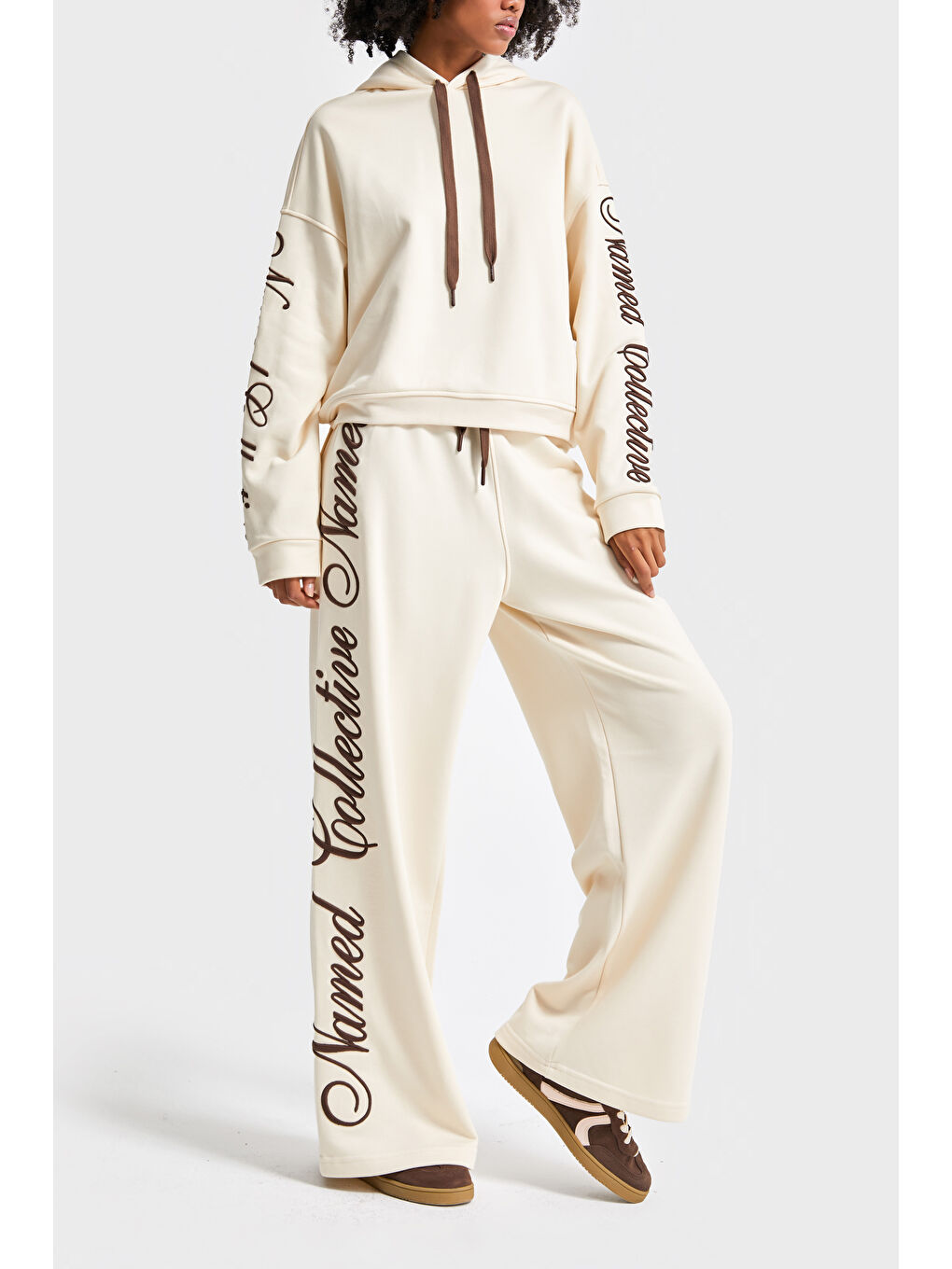Kadın Ekru Renk w5-57 Yazı Nakışlı Bol Kesim Tasarım Alt-Üst 2'li Kombin Takım-3