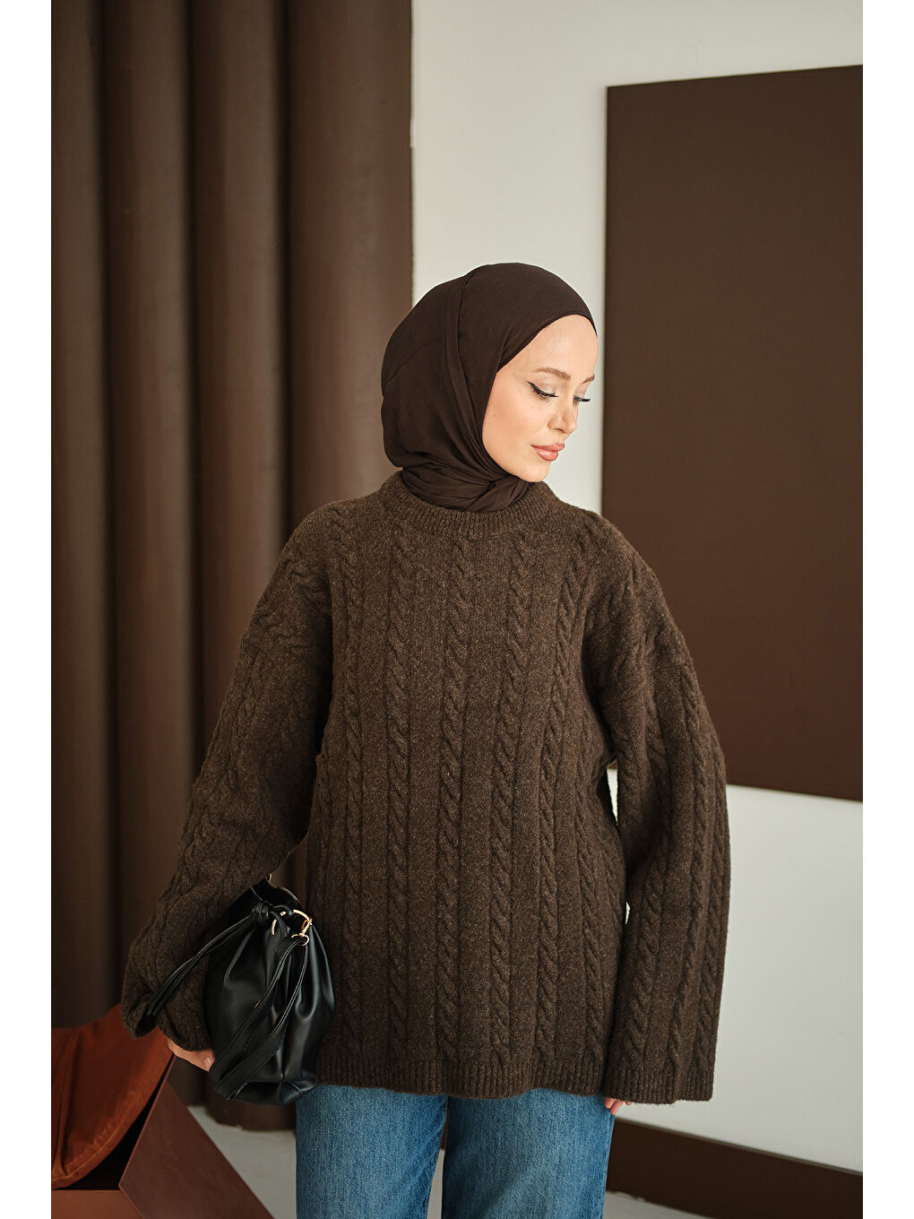 Kadın Örgü Desenli Triko Tunik Kahverengi-2