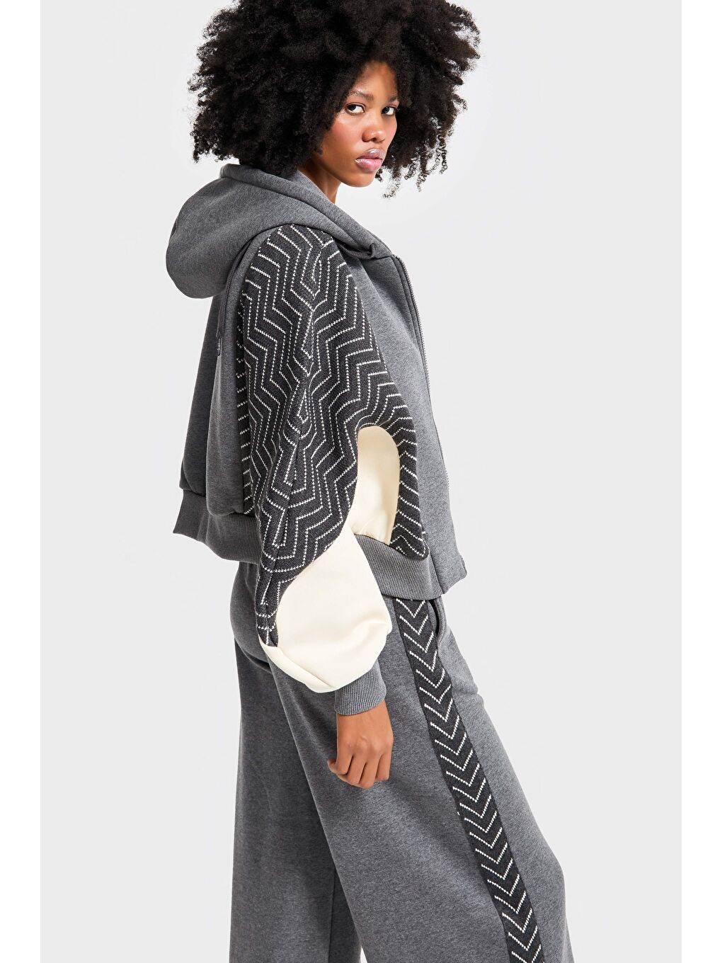 Kadın Gri Renk w5-45 Kapüşonlu Sweatshirt Polar Eşofman Alt 2'li Kombin Kumaş Tasarım Takım-1