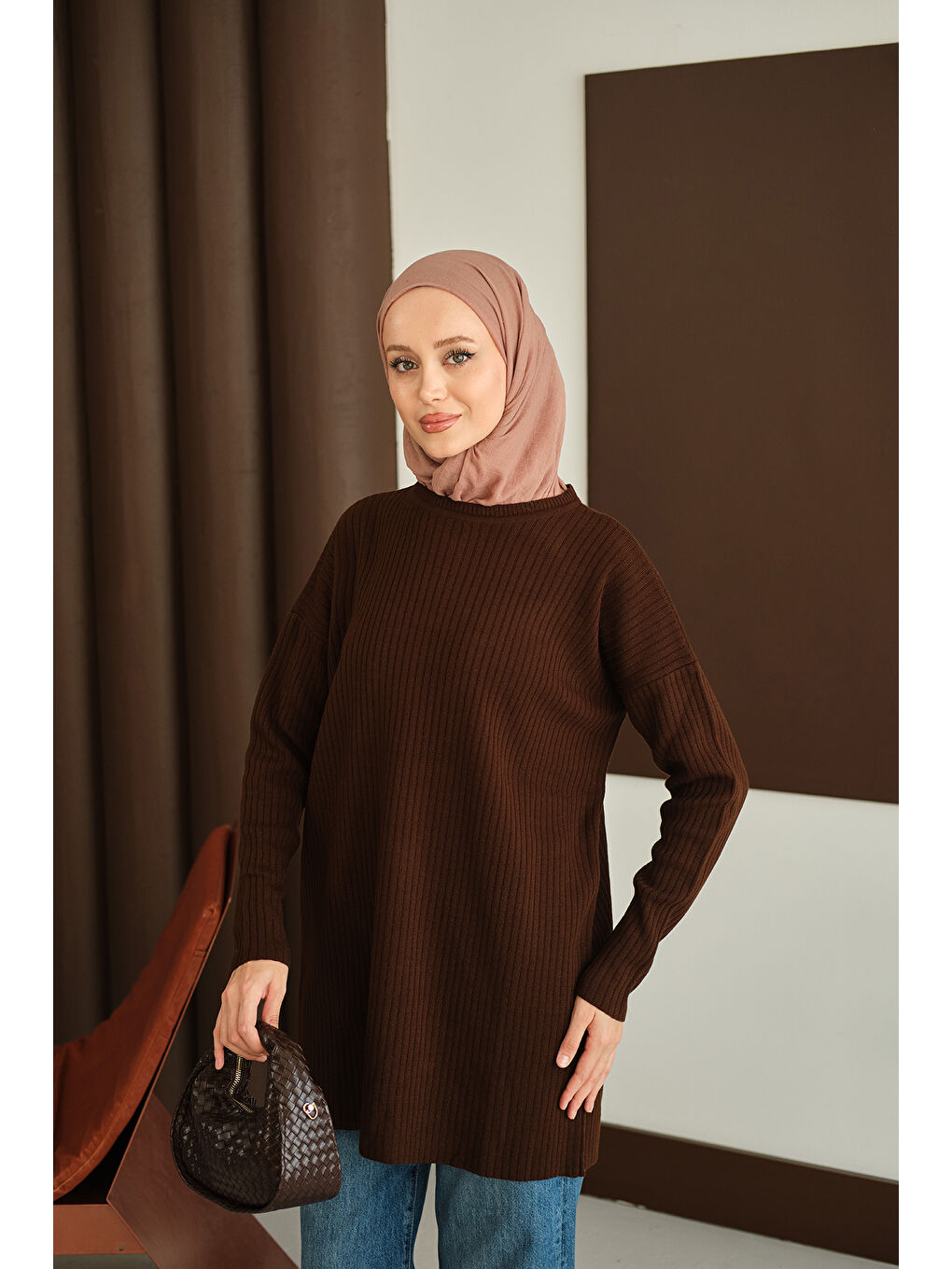 Kadın Kendinden Desenli Triko Tunik Kahverengi-1