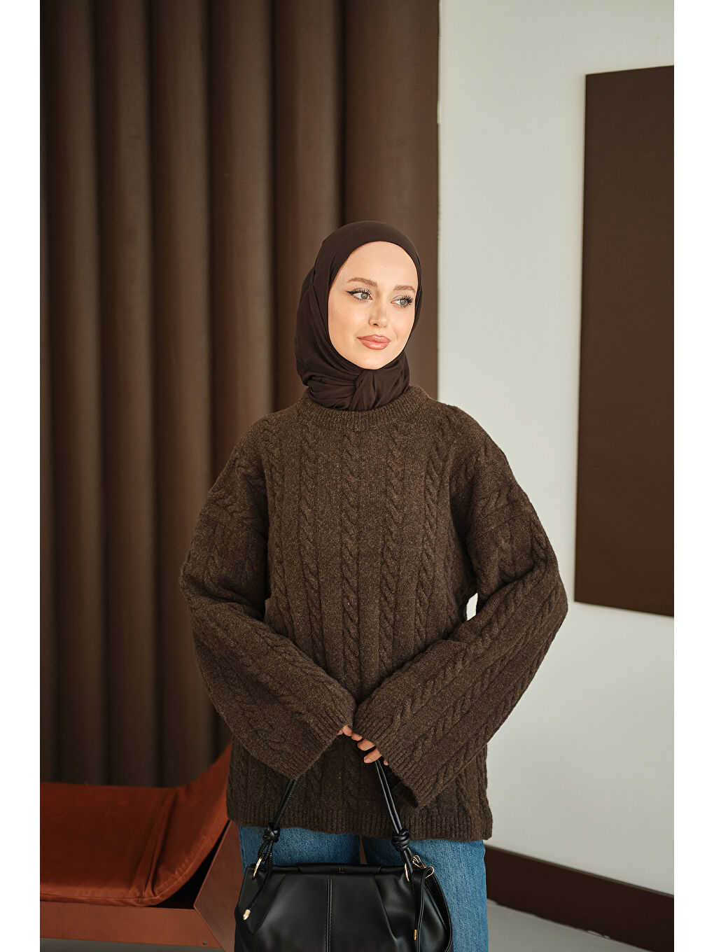 Kadın Örgü Desenli Triko Tunik Kahverengi-3