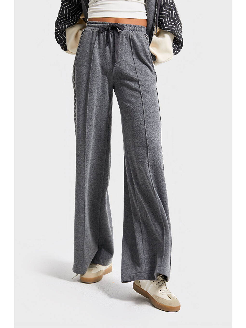 Kadın Gri Renk w5-45 Kapüşonlu Sweatshirt Polar Eşofman Alt 2'li Kombin Kumaş Tasarım Takım-2