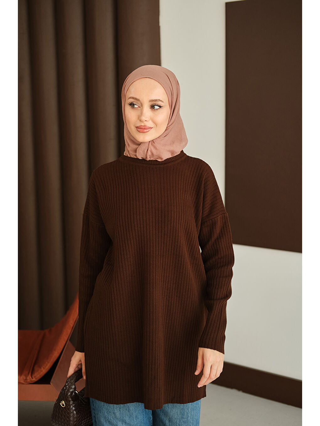 Kadın Kendinden Desenli Triko Tunik Kahverengi-2
