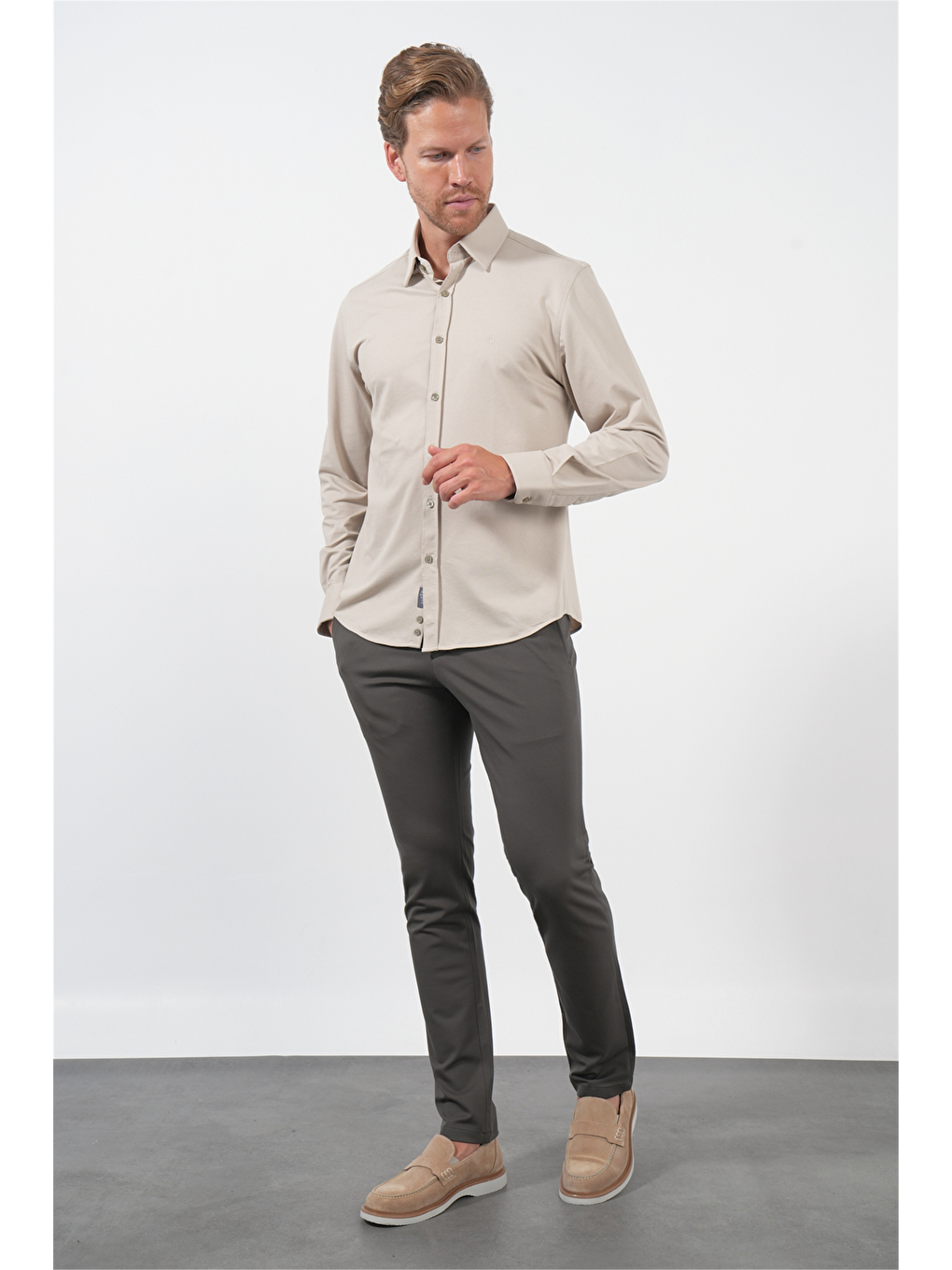 Bej Tulum Yaka Uzun Kol Cepsiz Örme Slim Fit Pamuklu Gömlek 1004260208-1