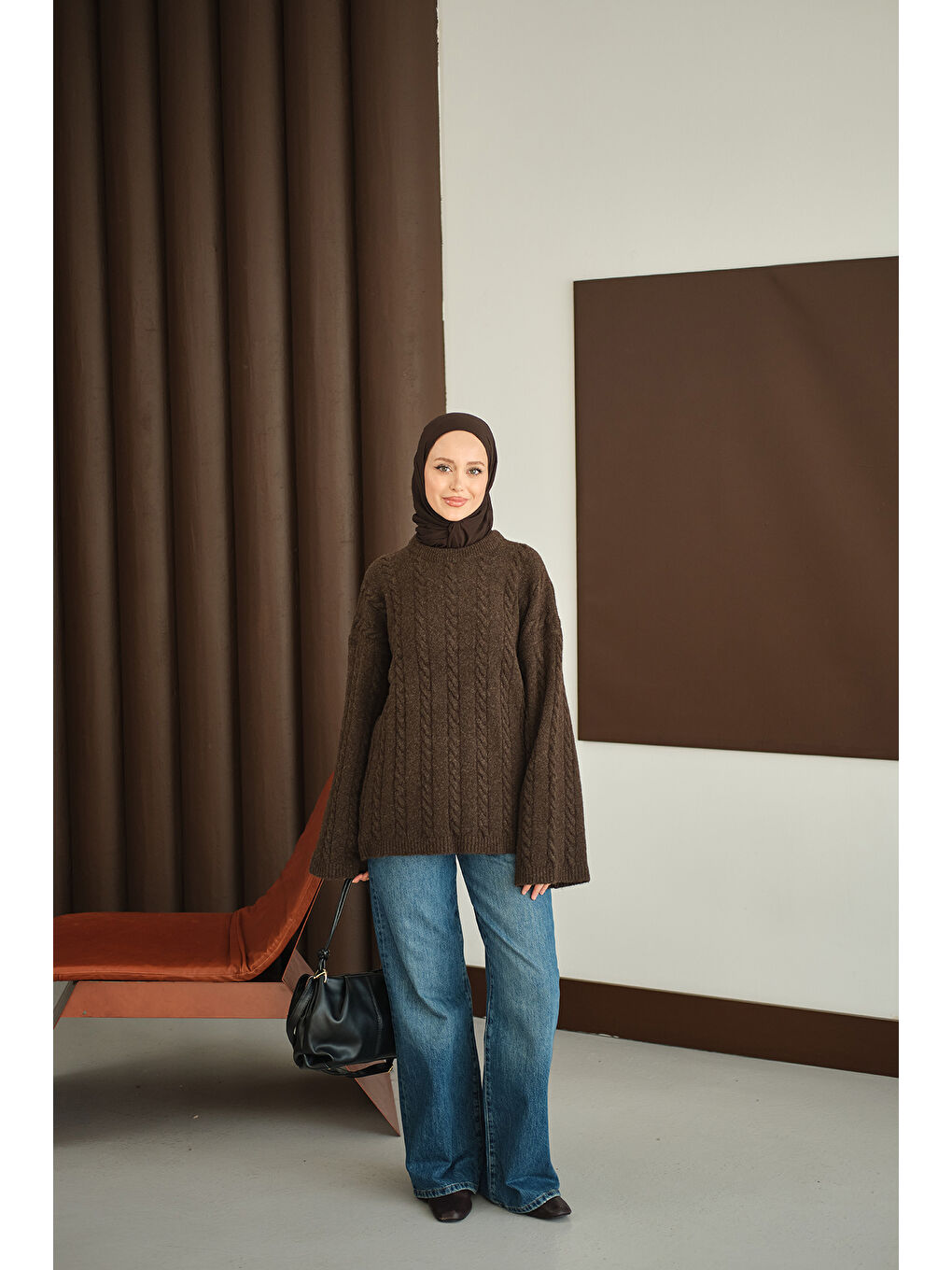 Kadın Örgü Desenli Triko Tunik Kahverengi-4