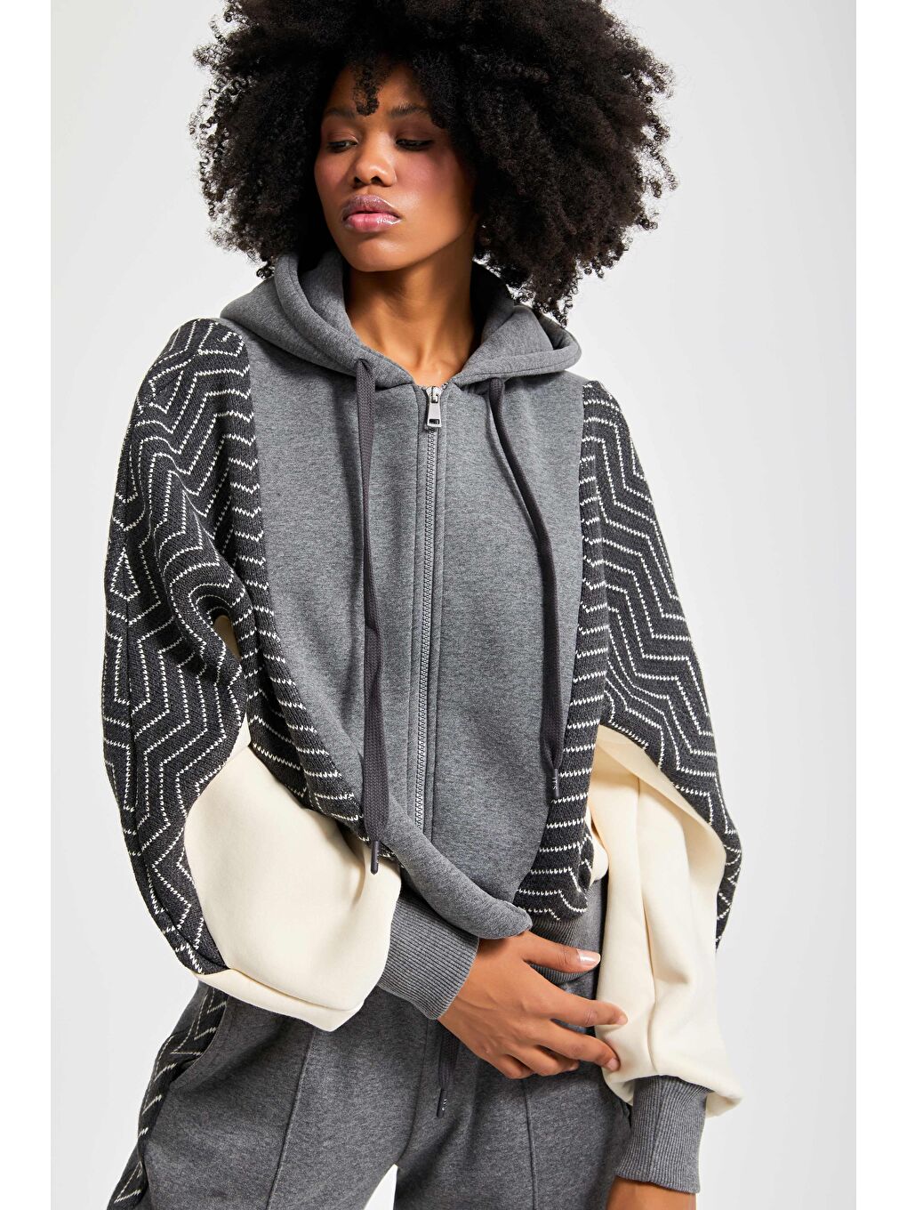 Kadın Gri Renk w5-45 Kapüşonlu Sweatshirt Polar Eşofman Alt 2'li Kombin Kumaş Tasarım Takım-3