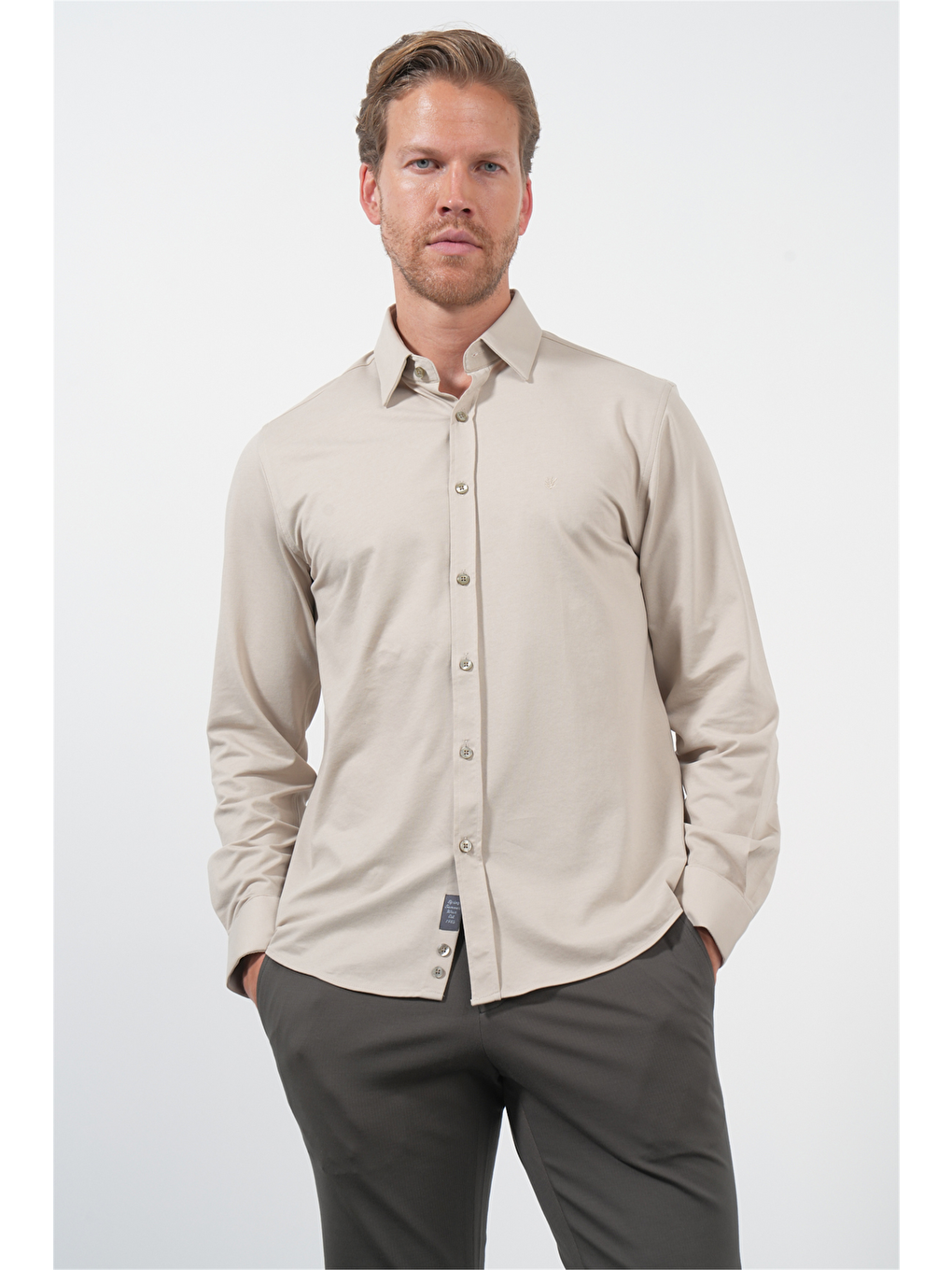 Bej Tulum Yaka Uzun Kol Cepsiz Örme Slim Fit Pamuklu Gömlek 1004260208-2