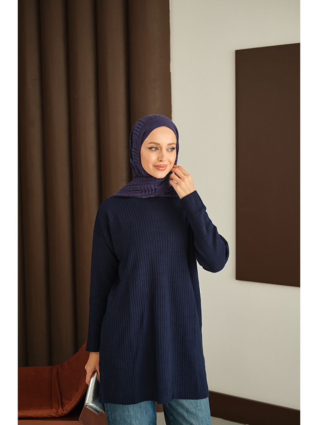 Kadın Kendinden Desenli Triko Tunik Lacivert-1