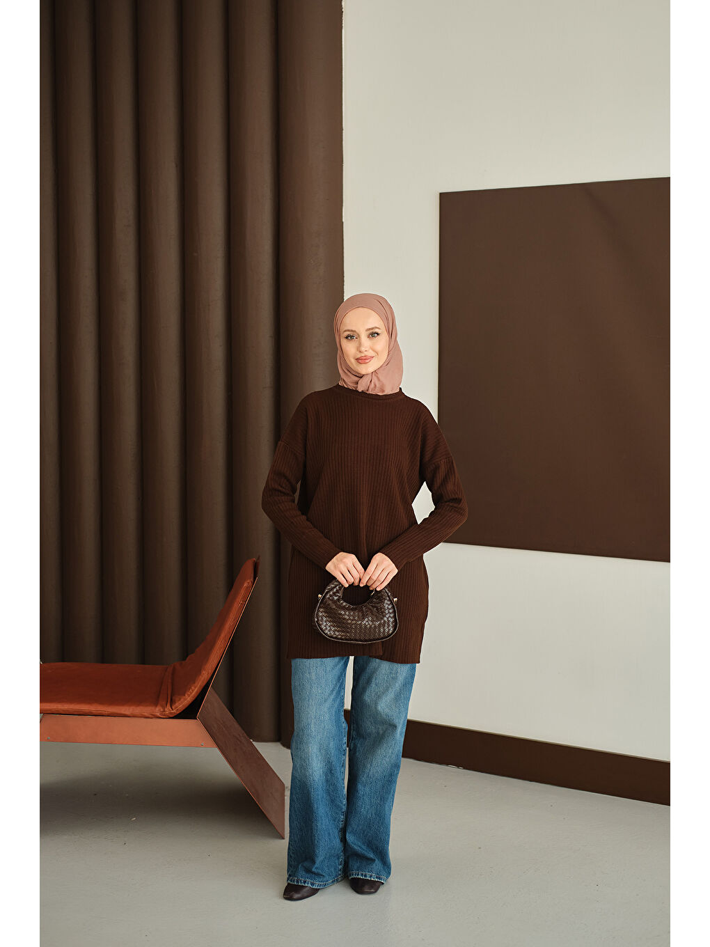 Kadın Kendinden Desenli Triko Tunik Kahverengi-3