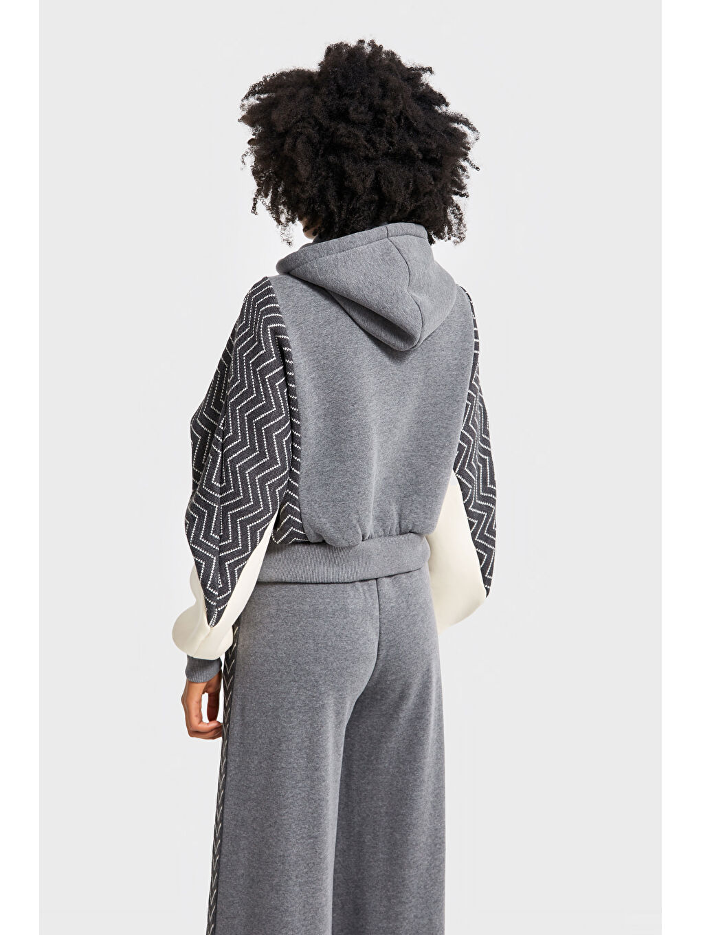 Kadın Gri Renk w5-45 Kapüşonlu Sweatshirt Polar Eşofman Alt 2'li Kombin Kumaş Tasarım Takım-4