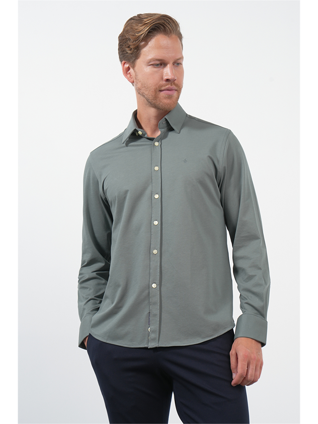 Haki Tulum Yaka Uzun Kol Cepsiz Örme Slim Fit Pamuklu Gömlek 1004260208