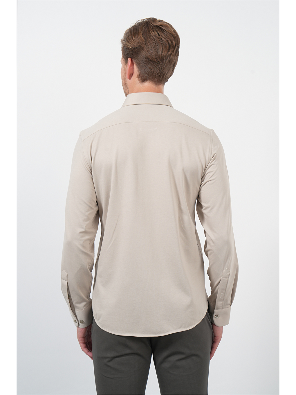 Bej Tulum Yaka Uzun Kol Cepsiz Örme Slim Fit Pamuklu Gömlek 1004260208-4