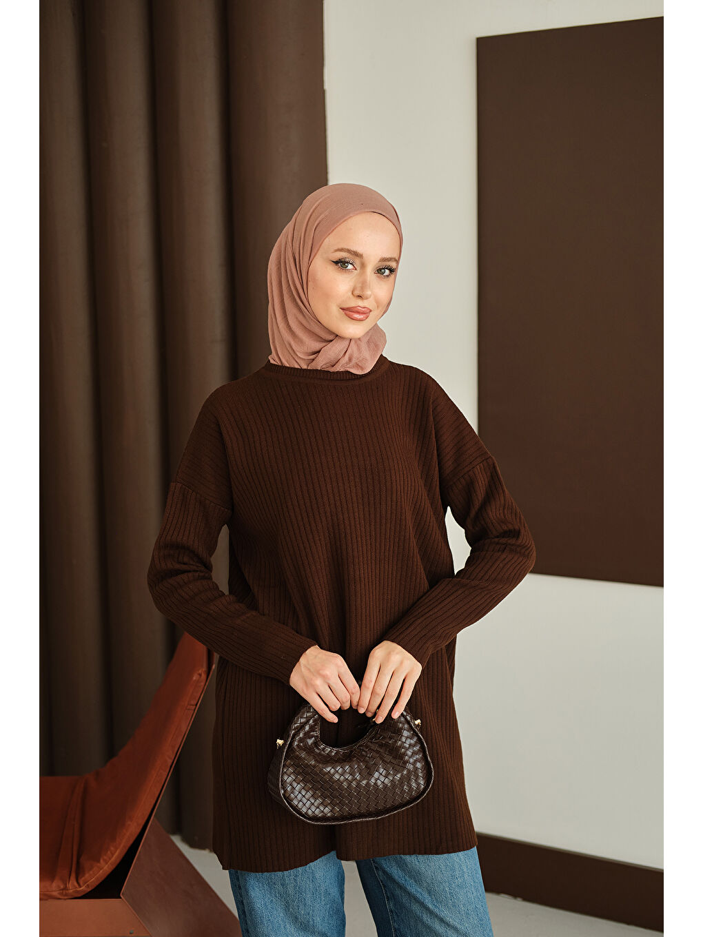 Kadın Kendinden Desenli Triko Tunik Kahverengi-4