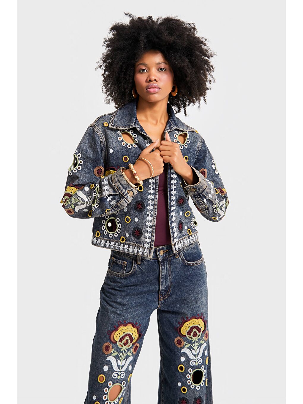 Mavi Kadın T.Kot Rengi 4w5-8 Özel Desen Çiçek Nakışlı %100 Pamuk Denim Ceket-3