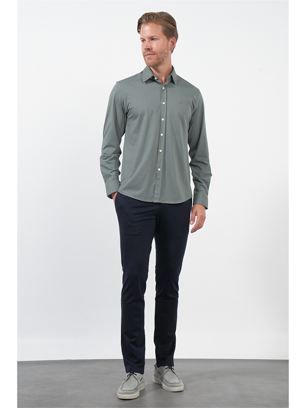 Haki Tulum Yaka Uzun Kol Cepsiz Örme Slim Fit Pamuklu Gömlek 1004260208-1