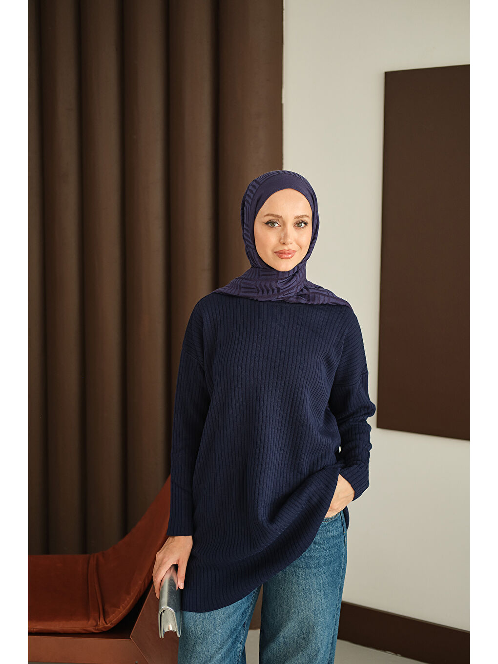 Kadın Kendinden Desenli Triko Tunik Lacivert-3