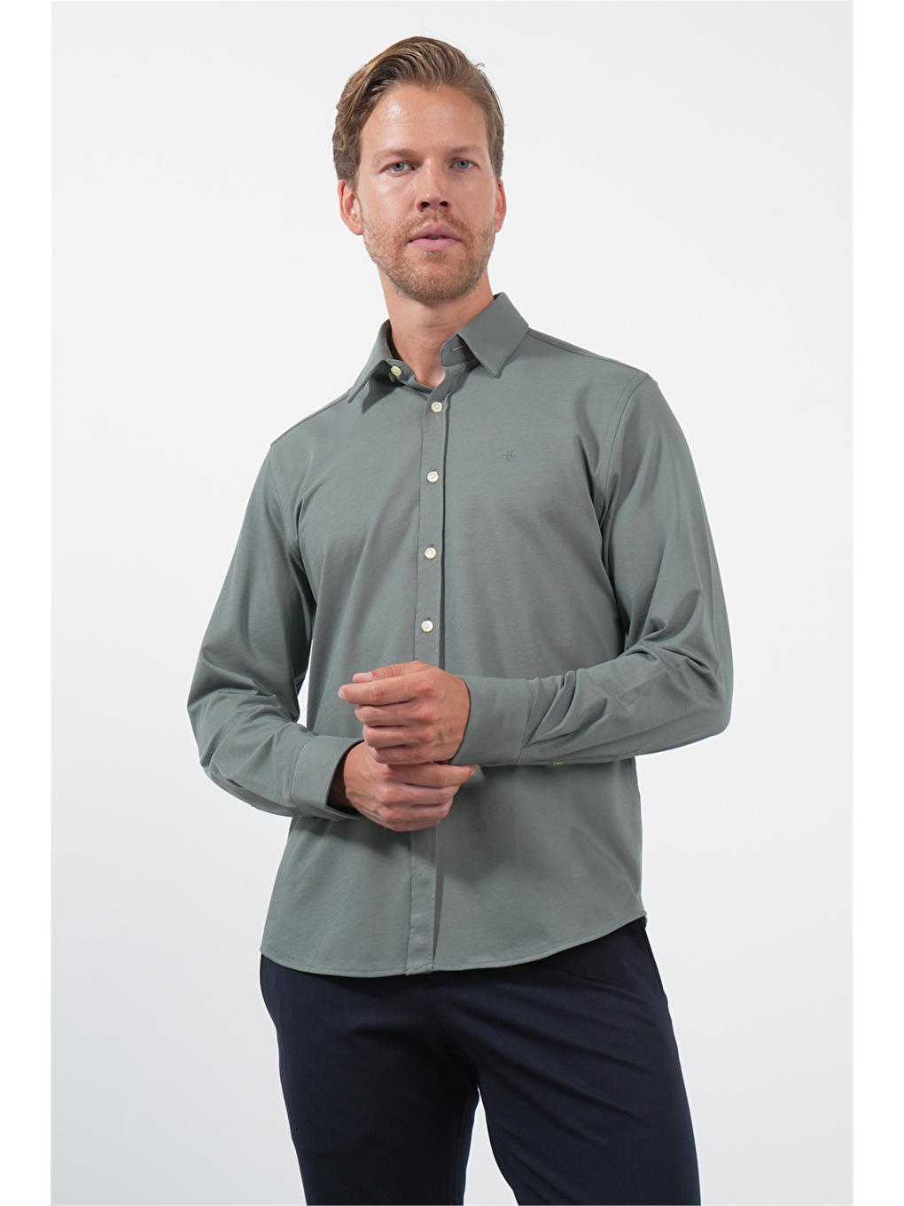Haki Tulum Yaka Uzun Kol Cepsiz Örme Slim Fit Pamuklu Gömlek 1004260208-2