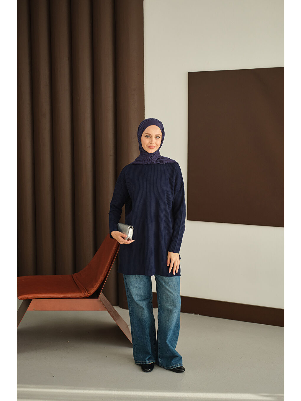 Kadın Kendinden Desenli Triko Tunik Lacivert-4