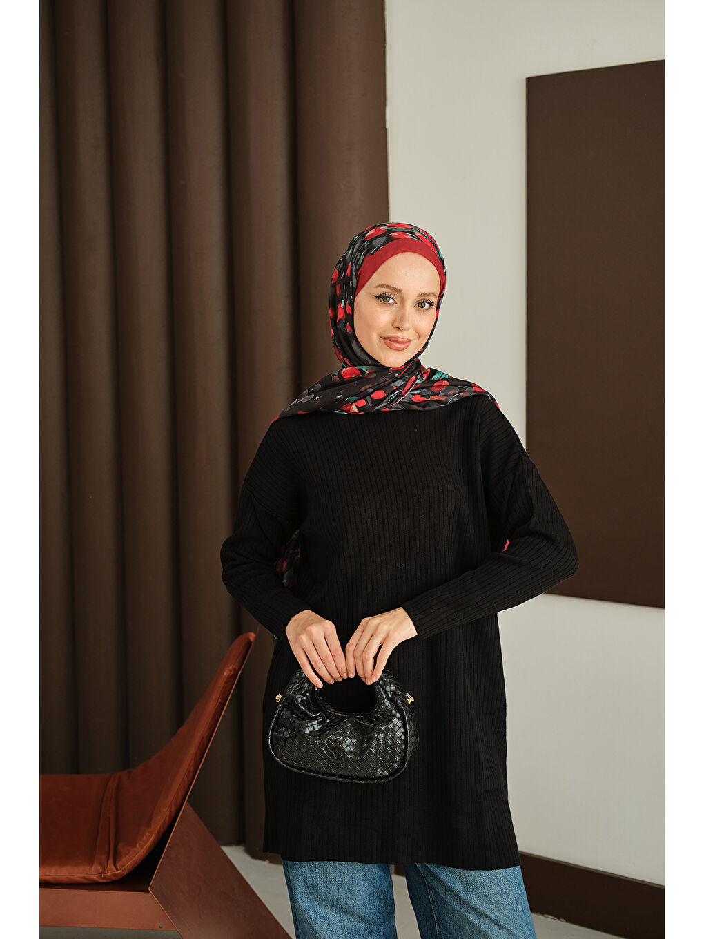 Kadın Kendinden Desenli Triko Tunik Siyah