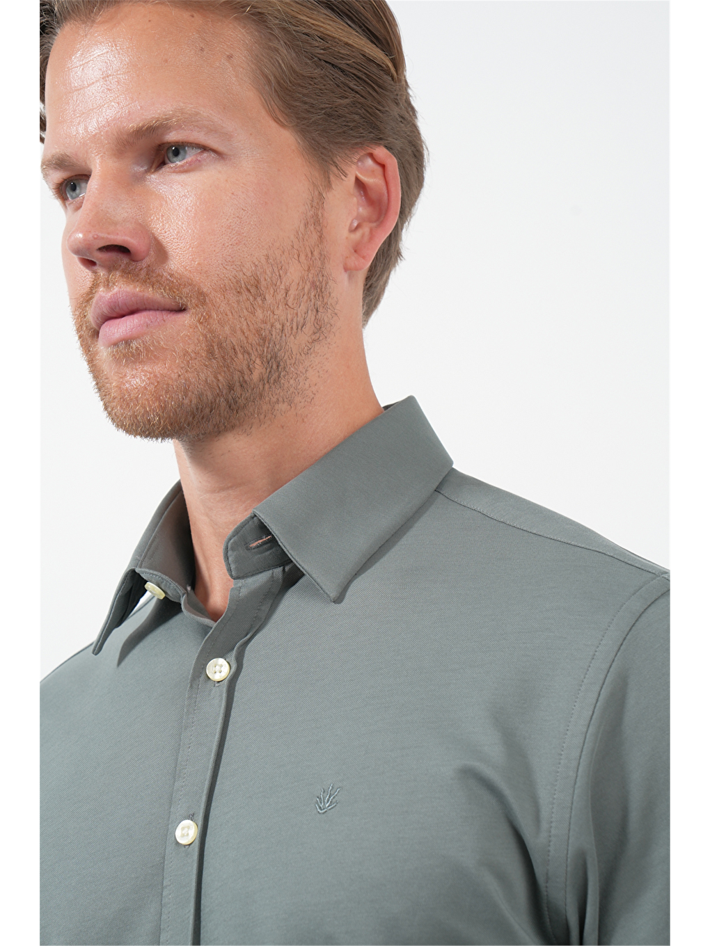 Haki Tulum Yaka Uzun Kol Cepsiz Örme Slim Fit Pamuklu Gömlek 1004260208-3