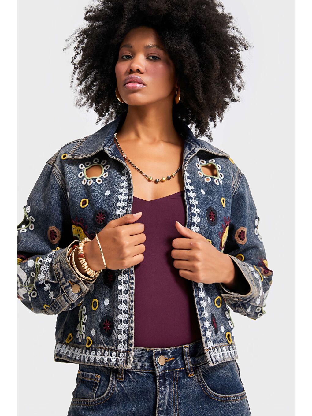 Mavi Kadın T.Kot Rengi 4w5-8 Özel Desen Çiçek Nakışlı %100 Pamuk Denim Ceket-4