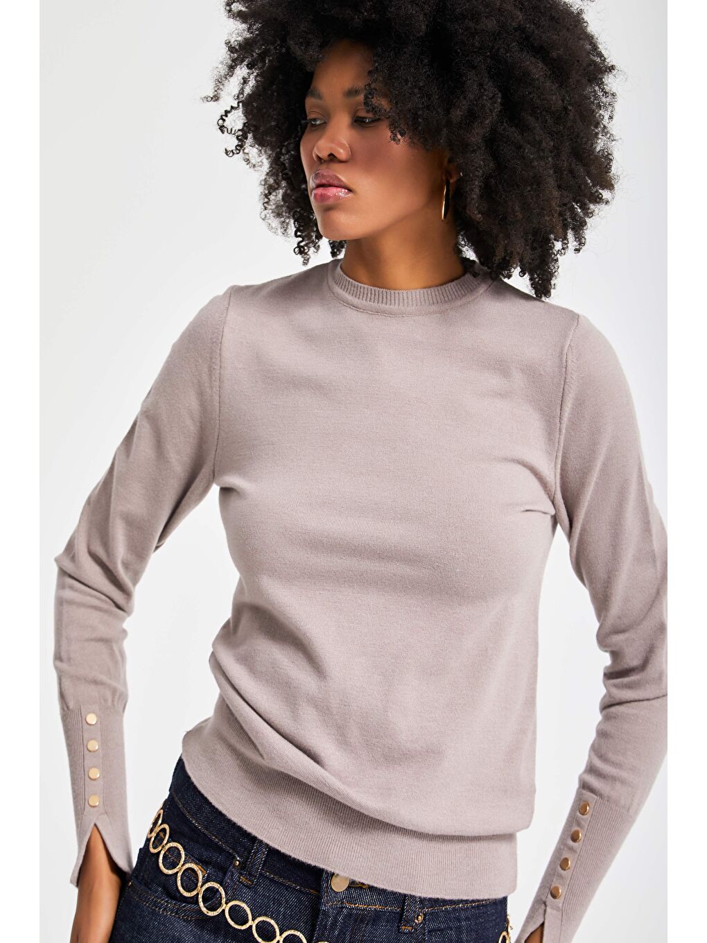 Kadın Gri Renk w5-82 Örme Triko Kumaş Bisiklet Yaka Kol Aksesuarlı Triko-1