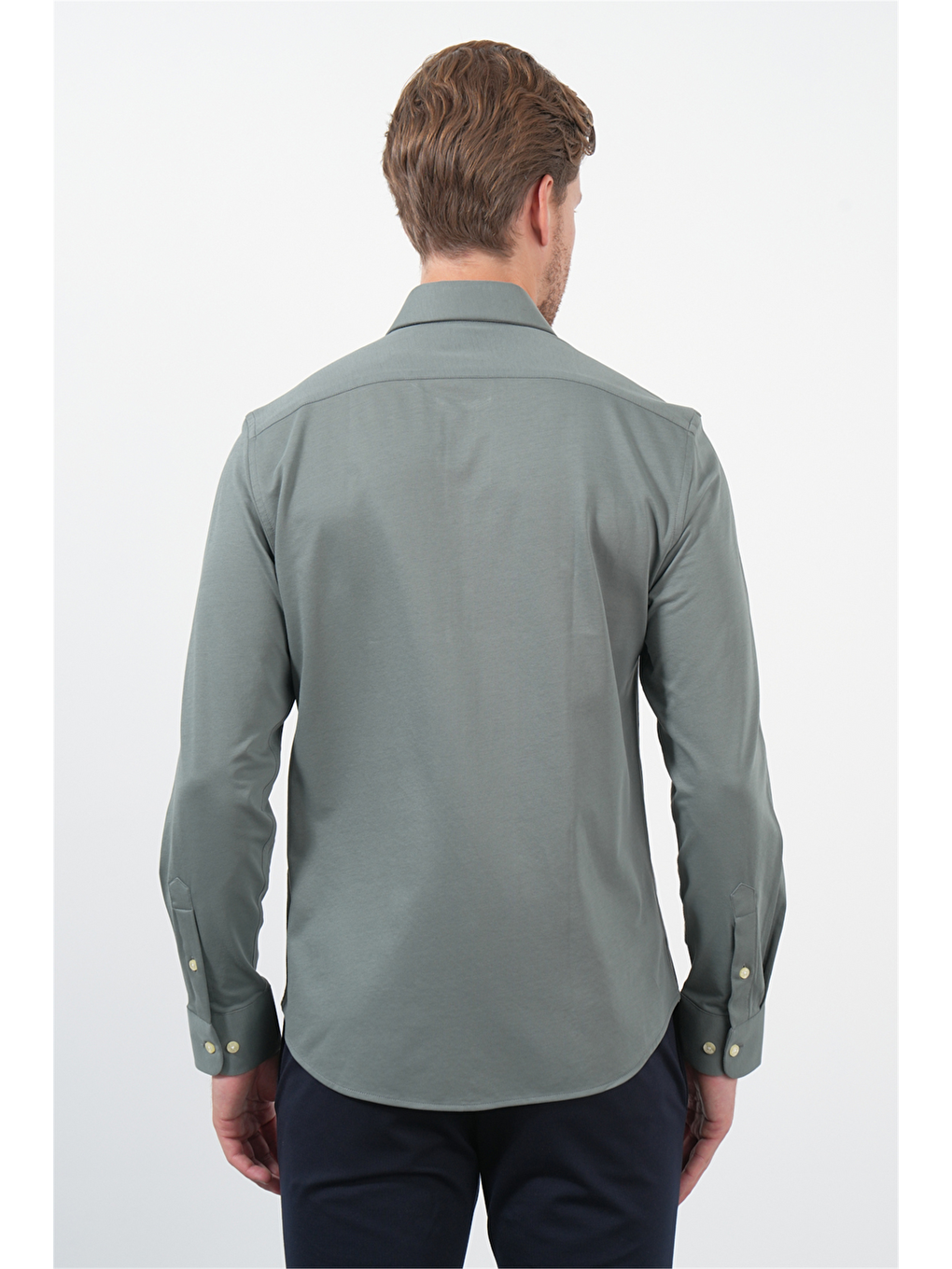 Haki Tulum Yaka Uzun Kol Cepsiz Örme Slim Fit Pamuklu Gömlek 1004260208-4