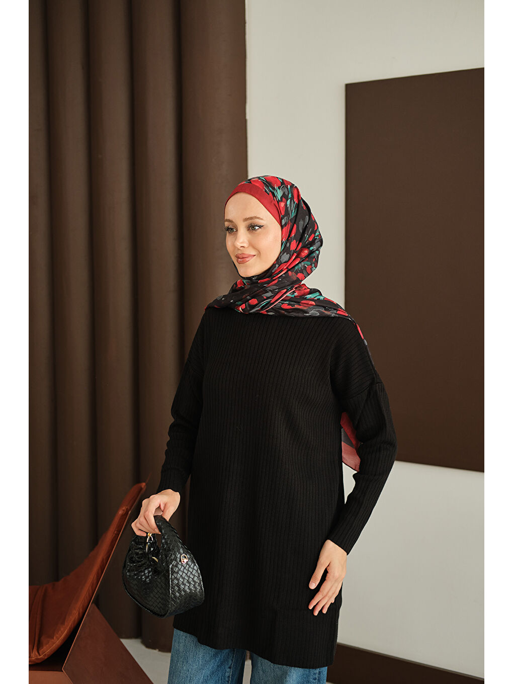 Kadın Kendinden Desenli Triko Tunik Siyah-1