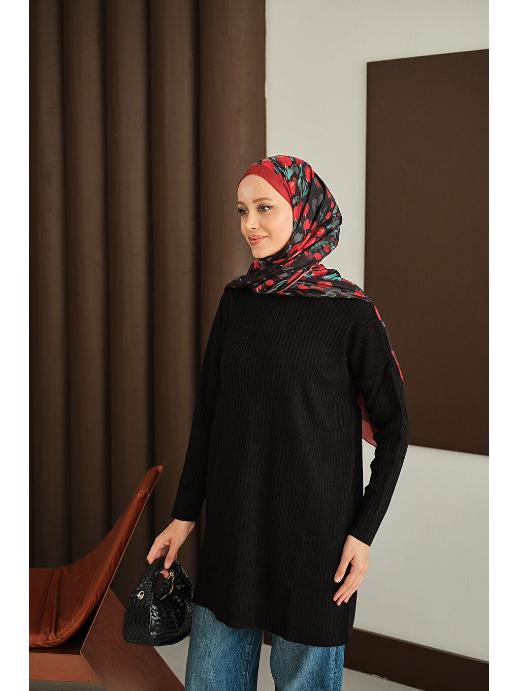 Kadın Kendinden Desenli Triko Tunik Siyah-2