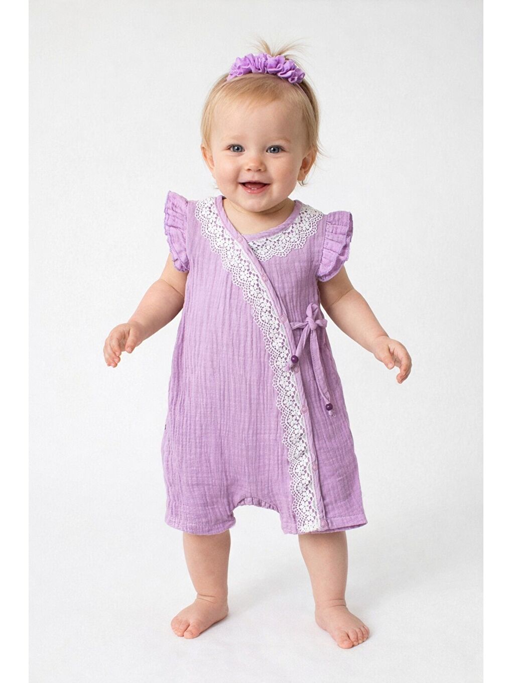 Mor Kız Bebek Müslin Tulum Elbise Dantel Detaylı Yazlık Pamuk Bebek Tulum