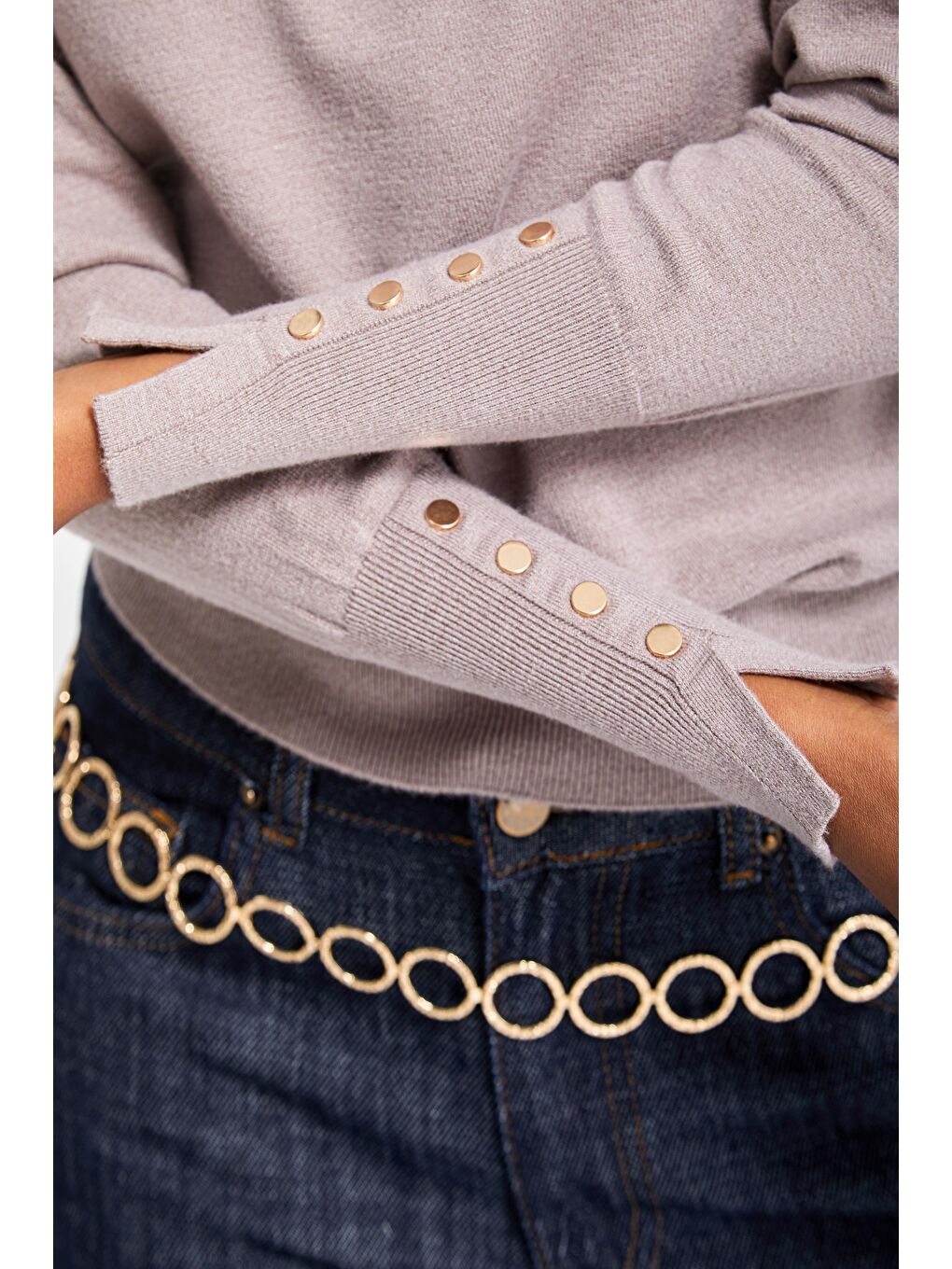 Kadın Gri Renk w5-82 Örme Triko Kumaş Bisiklet Yaka Kol Aksesuarlı Triko-3