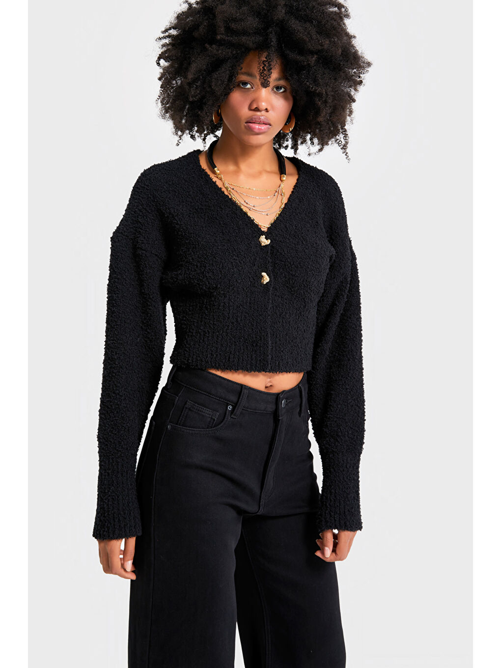 Kadın Siyah Renk w5-1 Aksesuar Detaylı Püsküllü Kumaş Kazak Hırka-1