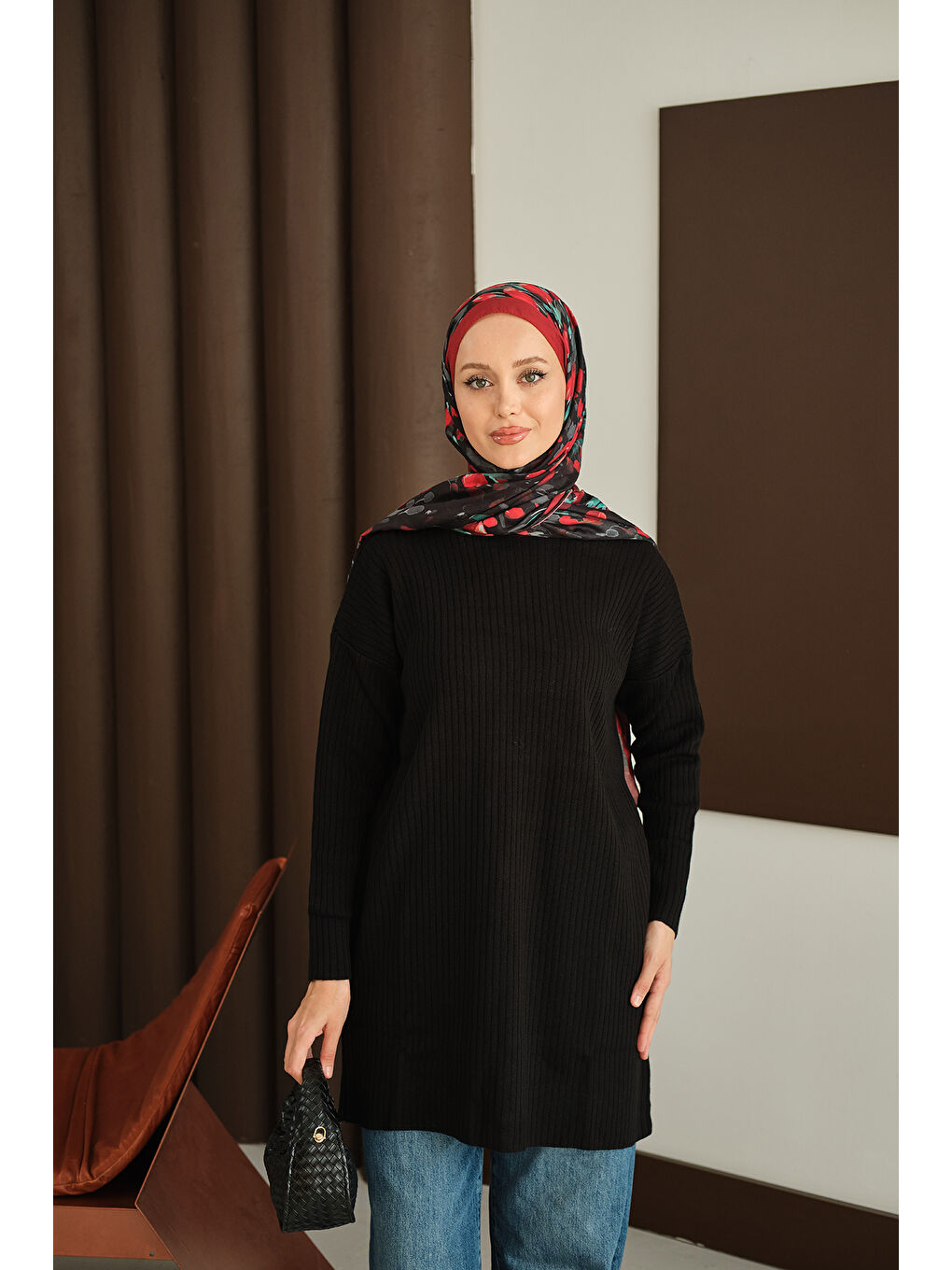 Kadın Kendinden Desenli Triko Tunik Siyah-3