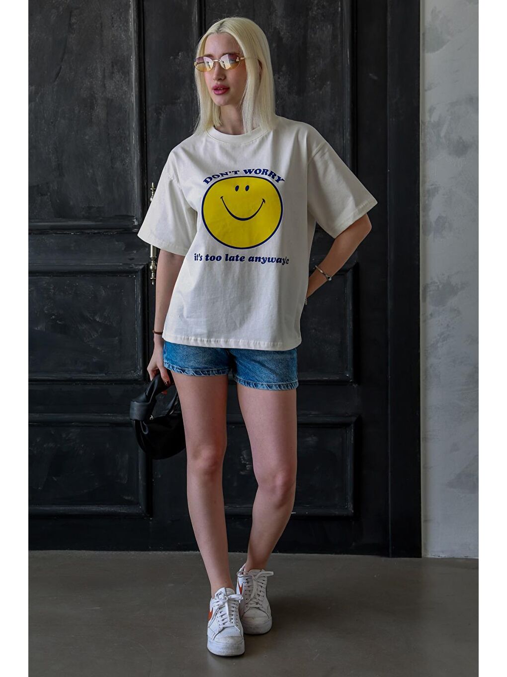 Ekru Bisiklet Yaka Baskılı Kadın Basictişört Mg2379-5