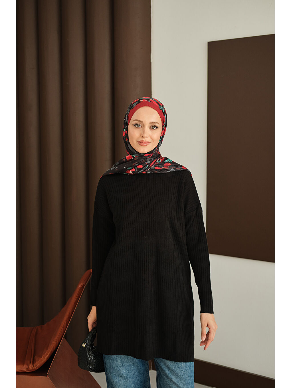 Kadın Kendinden Desenli Triko Tunik Siyah-4