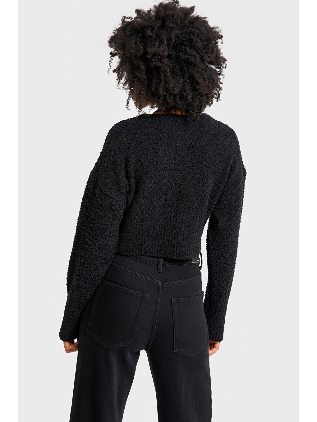 Kadın Siyah Renk w5-1 Aksesuar Detaylı Püsküllü Kumaş Kazak Hırka-3