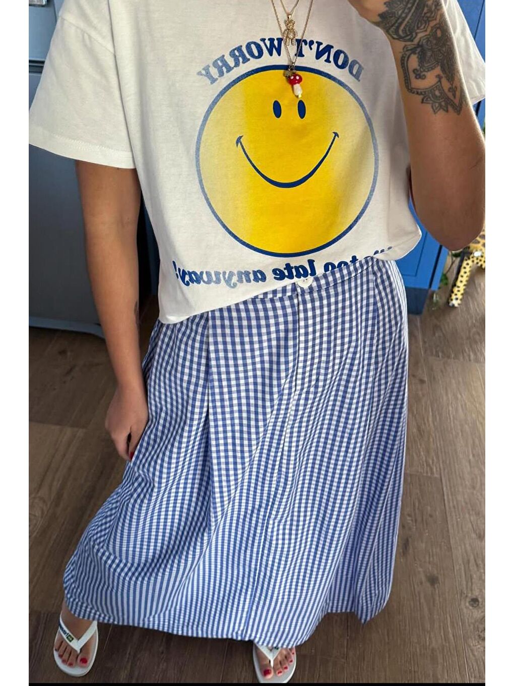 Ekru Bisiklet Yaka Baskılı Kadın Basictişört Mg2379-7