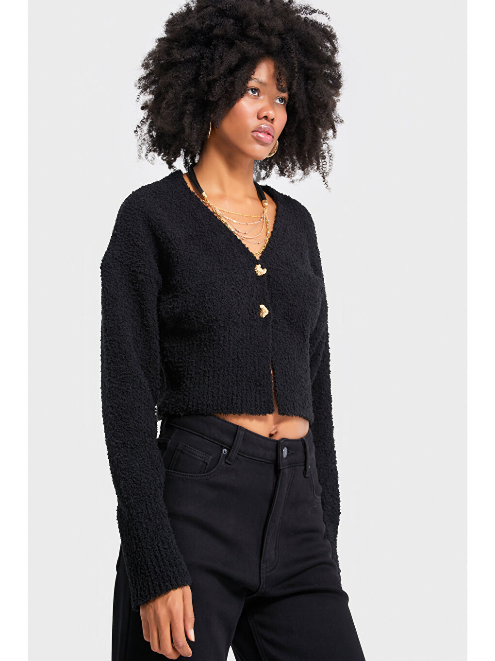 Kadın Siyah Renk w5-1 Aksesuar Detaylı Püsküllü Kumaş Kazak Hırka-4