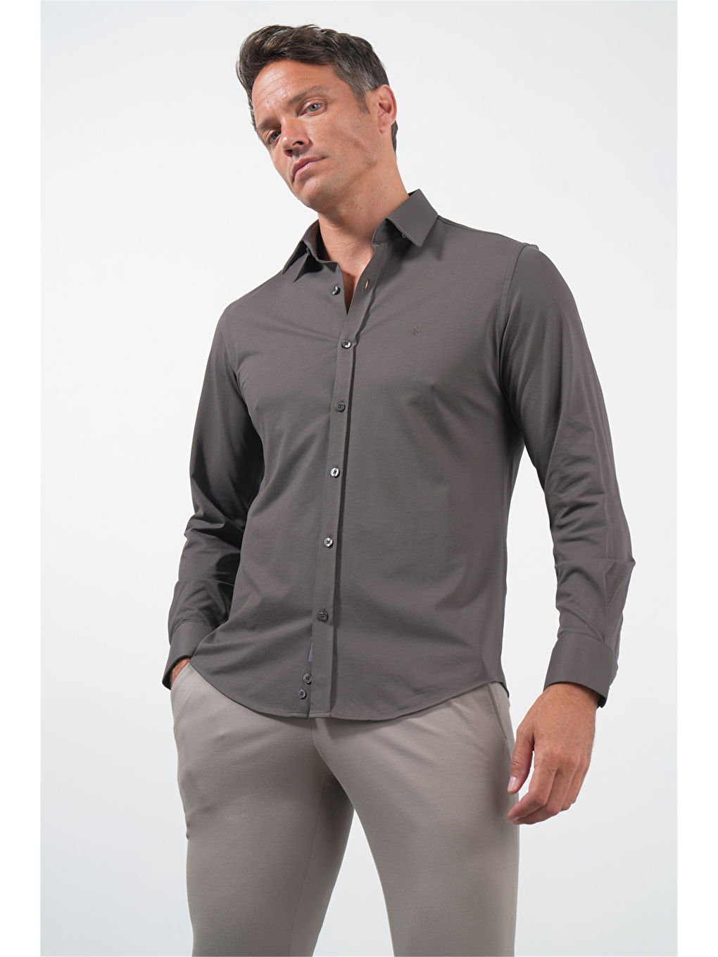 Kahverengi Tulum Yaka Uzun Kol Cepsiz Örme Slim Fit Pamuklu Gömlek 1004260208-2