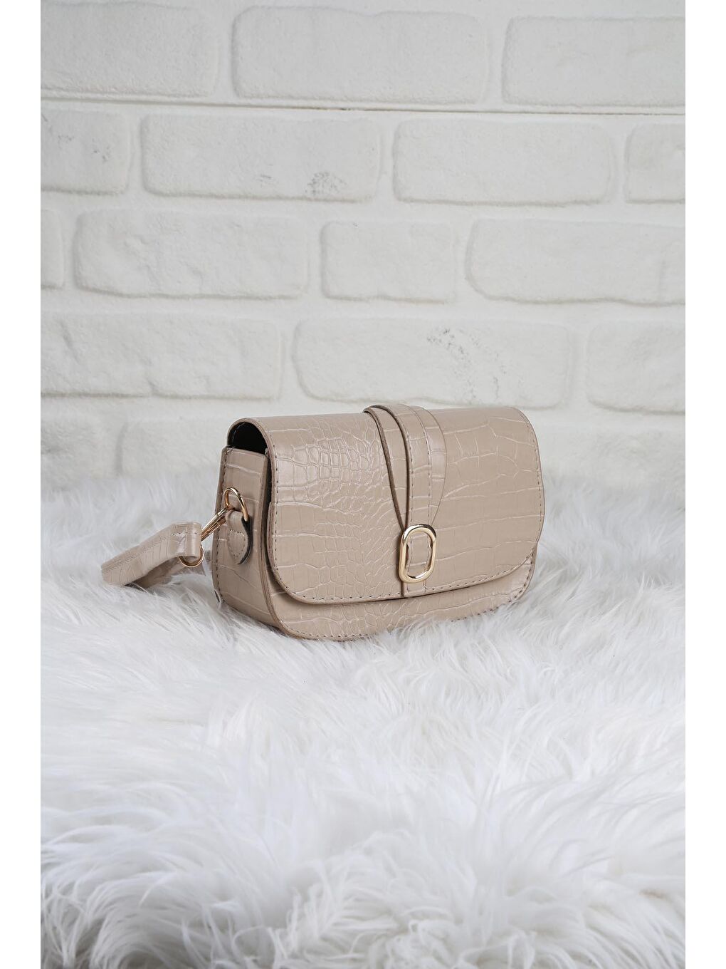 Bej Mini Kroko Desenli Omuz Çantası