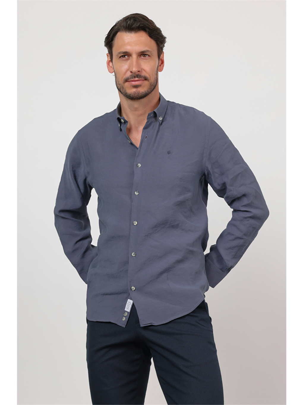İndigo Düğmeli Yaka Uzun Kol Cepsiz Slim Fit Modal Gömlek 1004260162-2