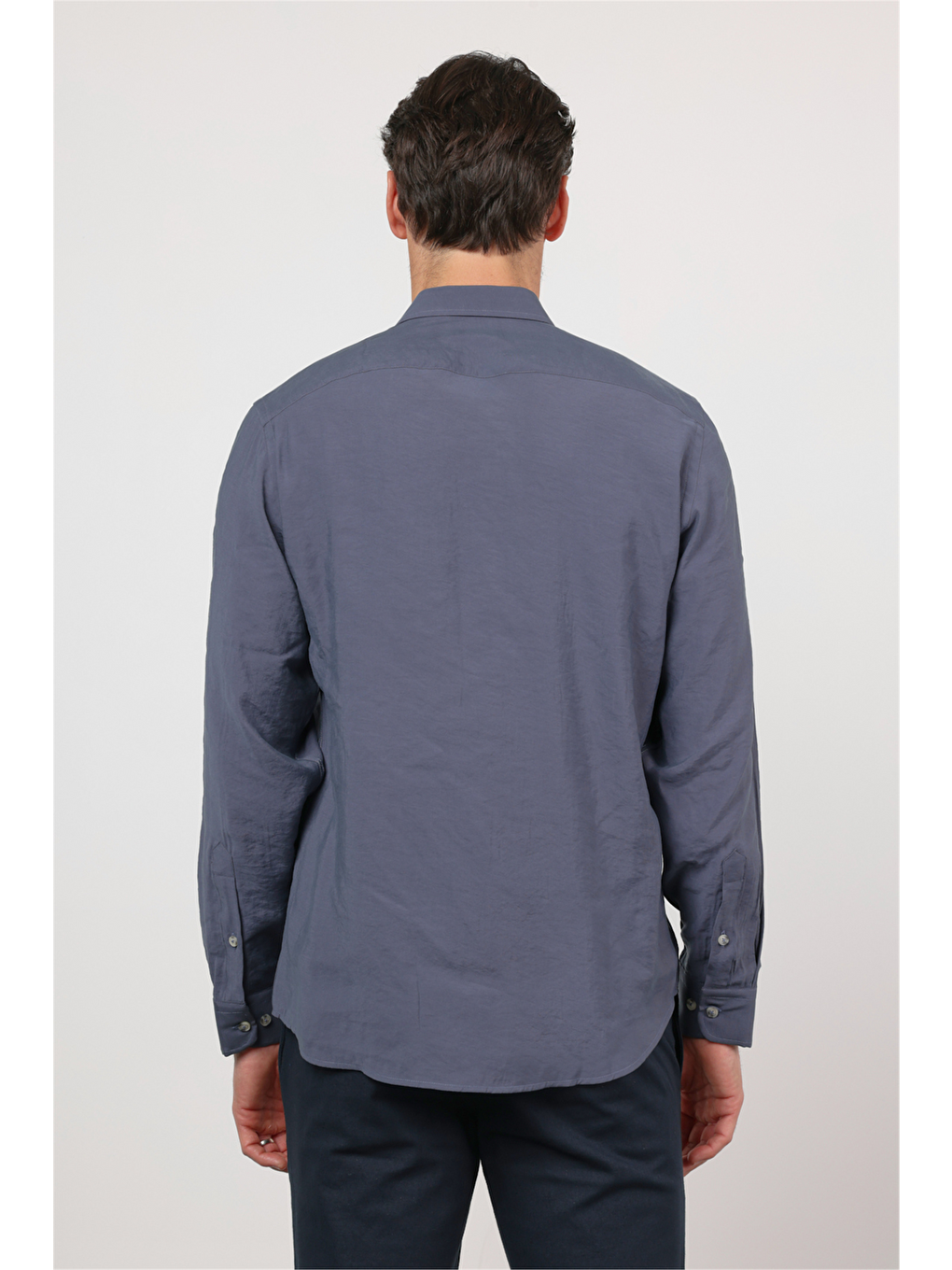 İndigo Düğmeli Yaka Uzun Kol Cepsiz Slim Fit Modal Gömlek 1004260162-4