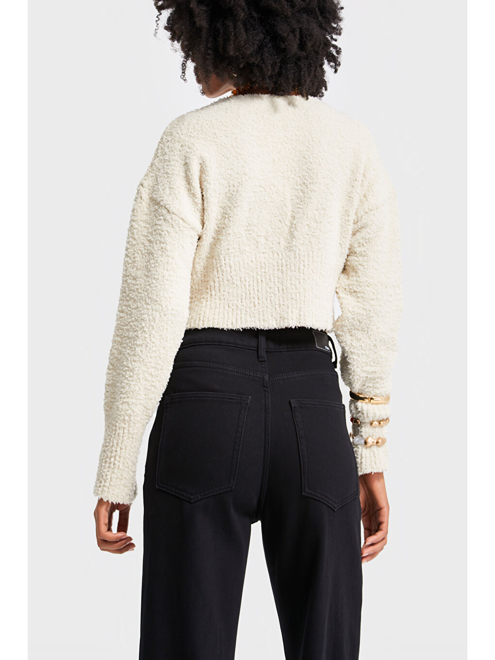 Kadın Ekru Renk w5-105 Aksesuar Detaylı Püsküllü Kumaş Kazak Hırka-4