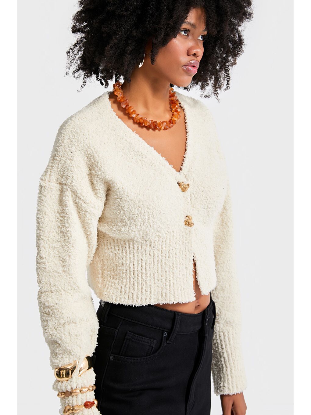 Kadın Ekru Renk w5-105 Aksesuar Detaylı Püsküllü Kumaş Kazak Hırka-5