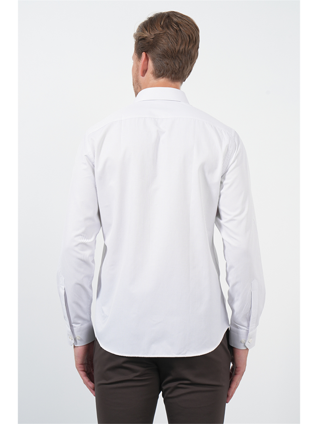 Beyaz-Lila Sert Yaka Uzun Kol Cepsiz Slim Fit Pamuklu Gömlek 1004260210-4