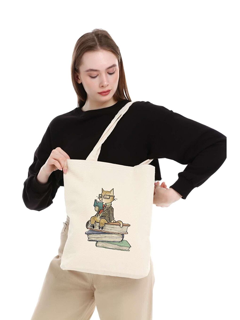 Bagg Ekru Kanvas Kitap Okuyan Kedi Bez Çanta C0557 - 2