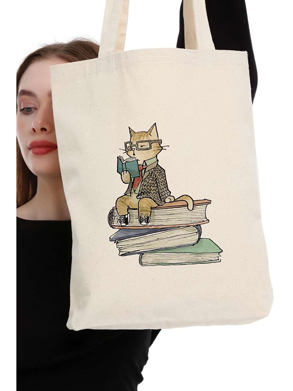 Bagg Ekru Kanvas Kitap Okuyan Kedi Bez Çanta C0557 - 4