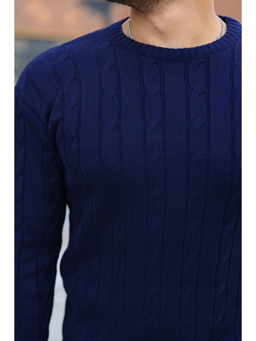 Lacivert Erkek örgü Desen Bisiklet Yaka Kazak-1